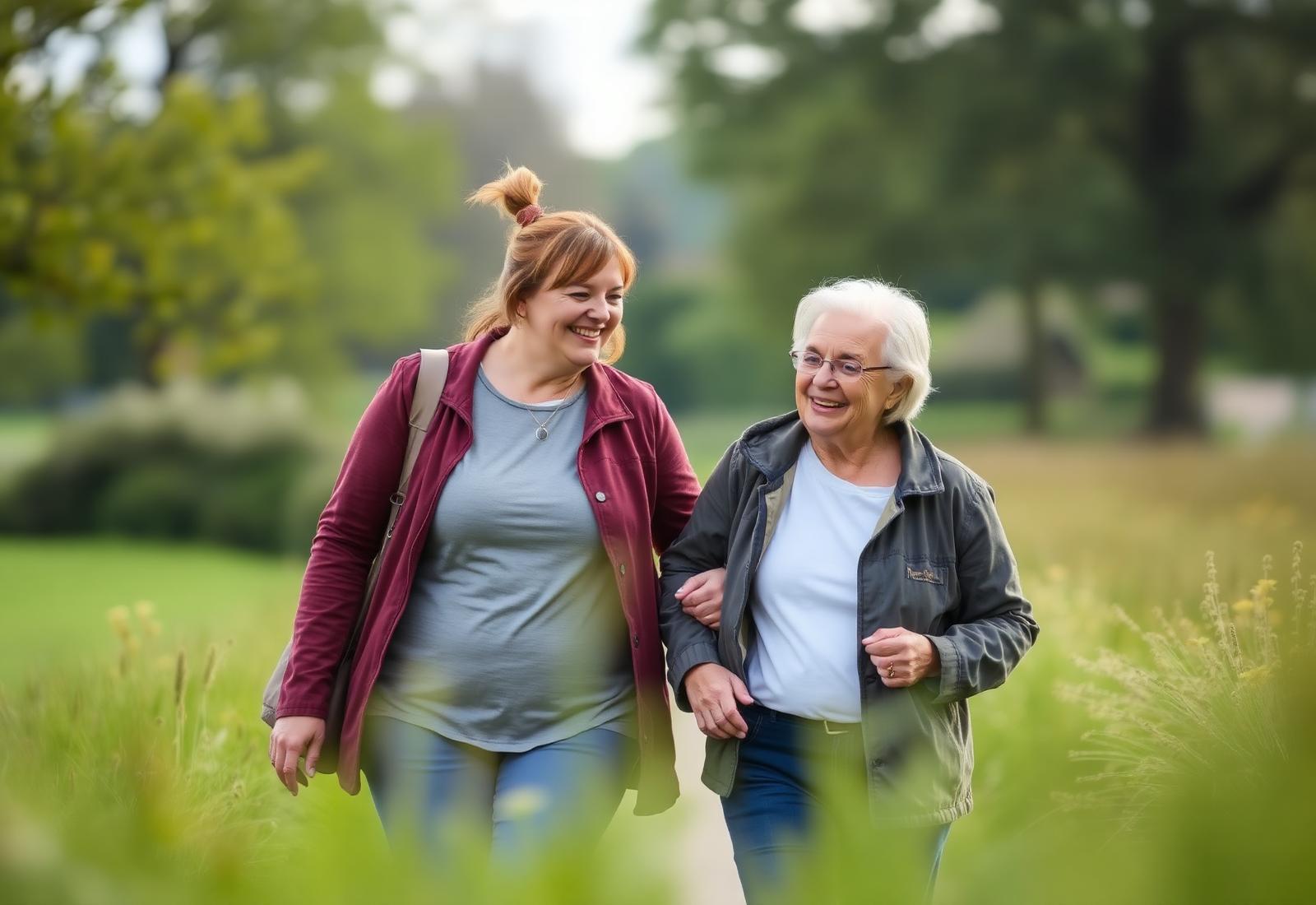 A MindPath support worker and an older adult walking together in a Wiltshire park