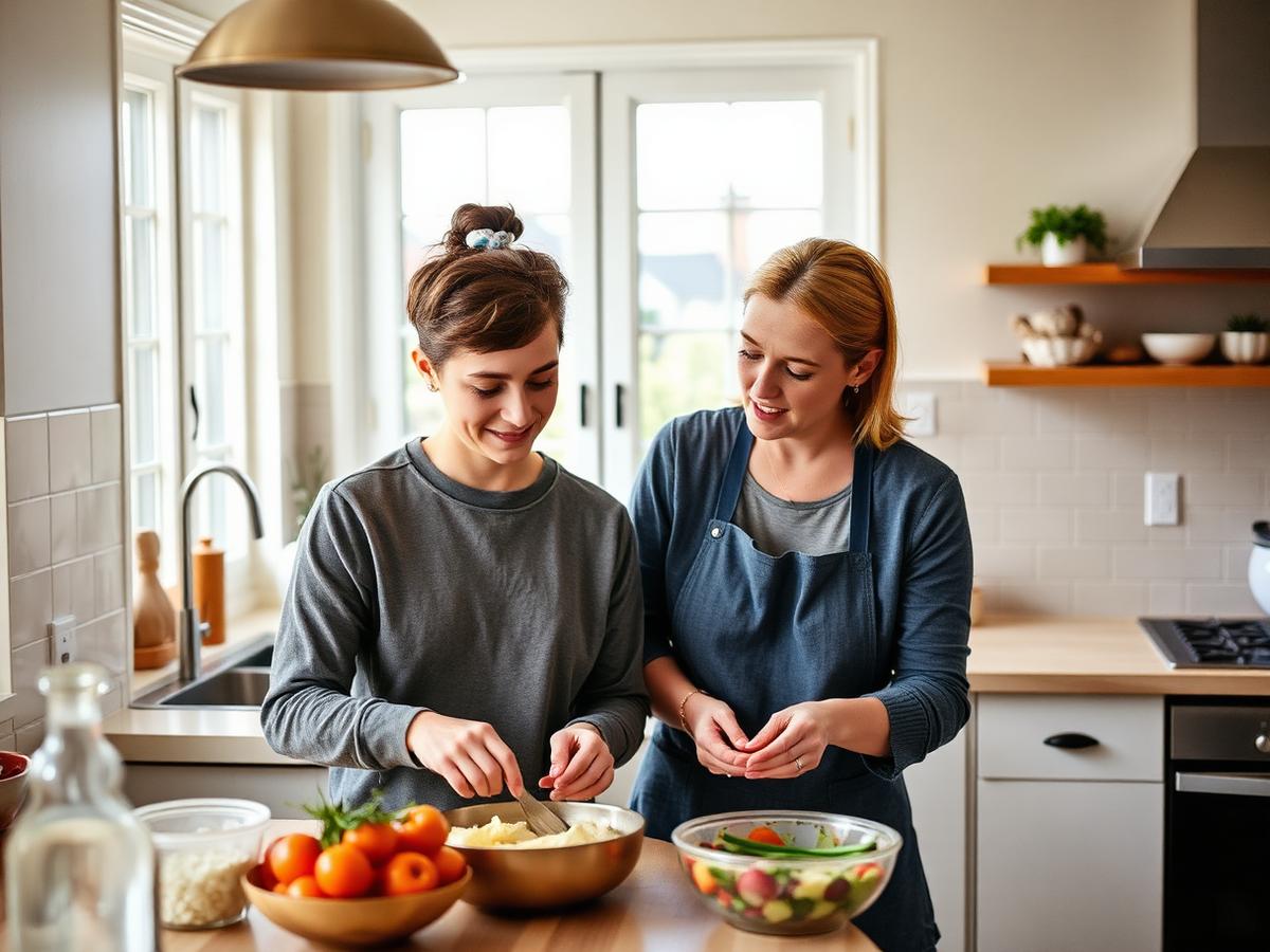 A young adult cooking with a MindPath support worker at home